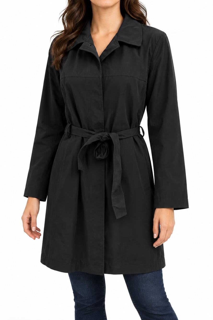 London Fog Women's Black Polyester Belted Trench Raincoat Size Large Mid-Length